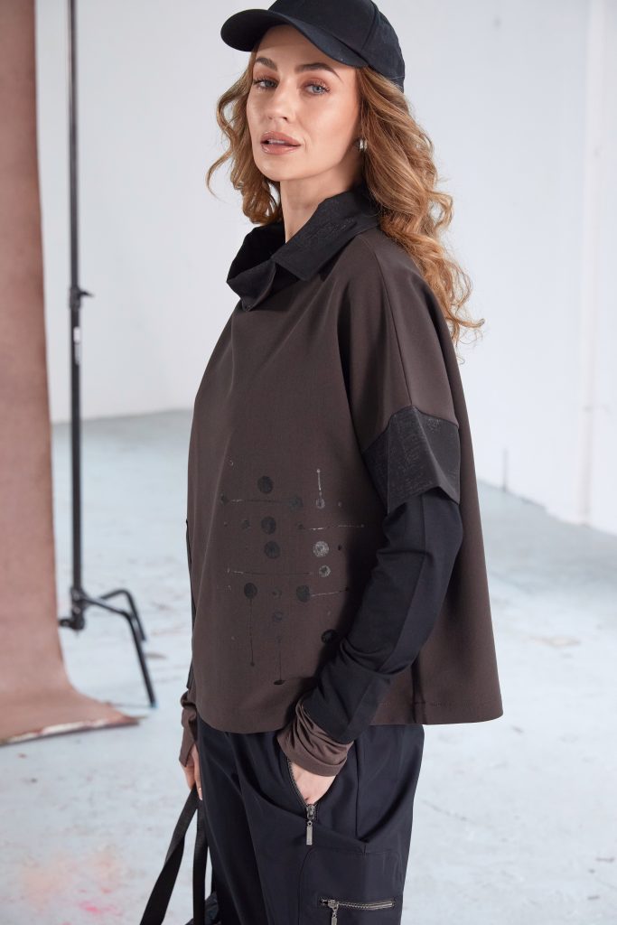 Naya Placement Print Top Contrast Collar - My Sally West