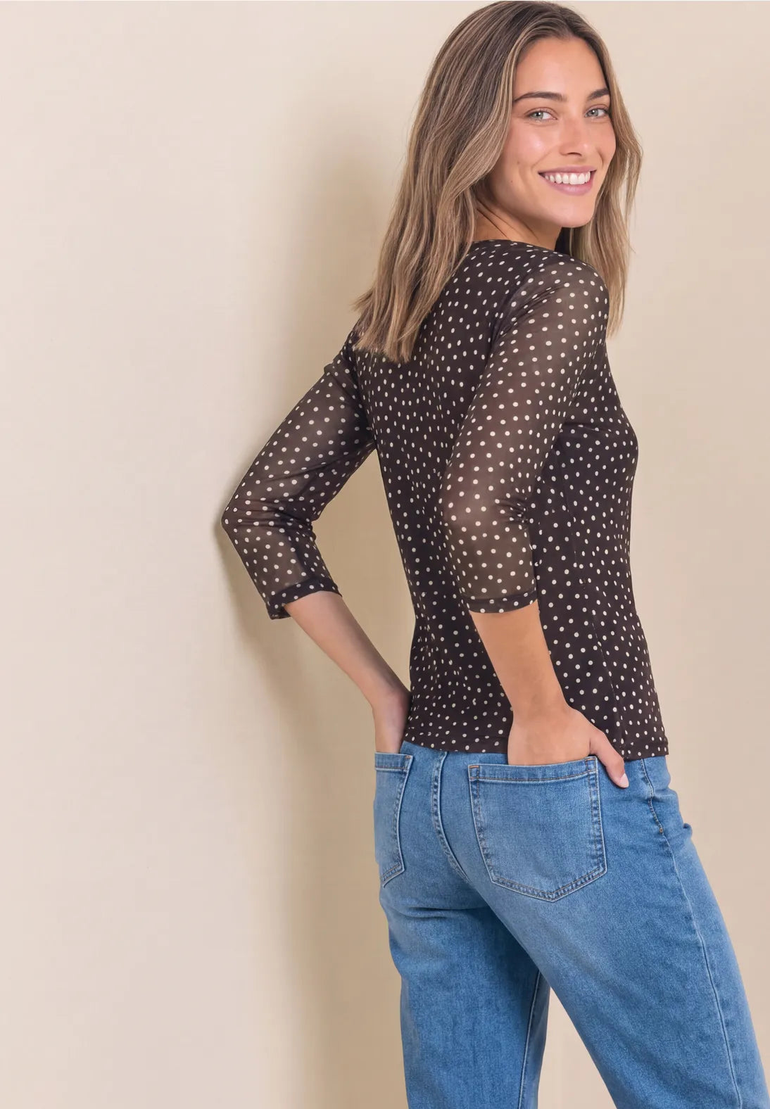 Street One Brown Mesh Polka Dot Top